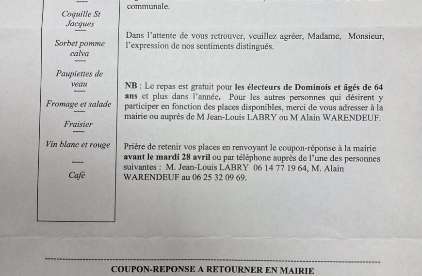 Repas des aînés le dimanche 3 mai à 12h30