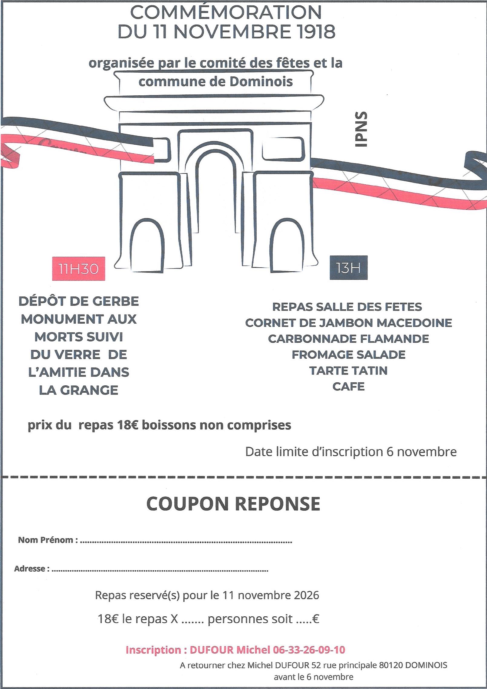 Vous consultez actuellement Cérémonie et repas du 11 Novembre 2026 à Dominois