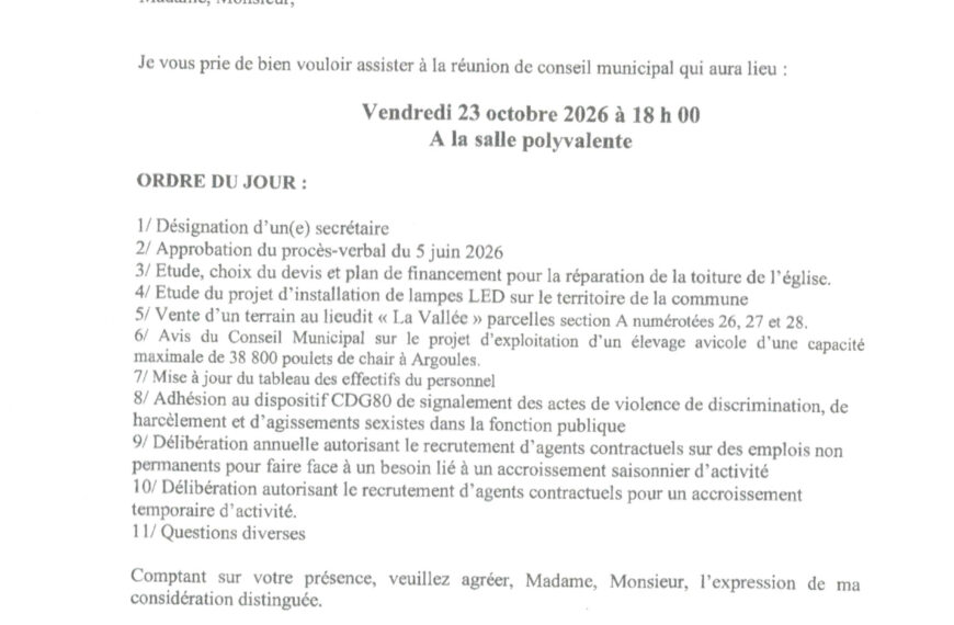 Prochain conseil municipal le 23 octobre 2026